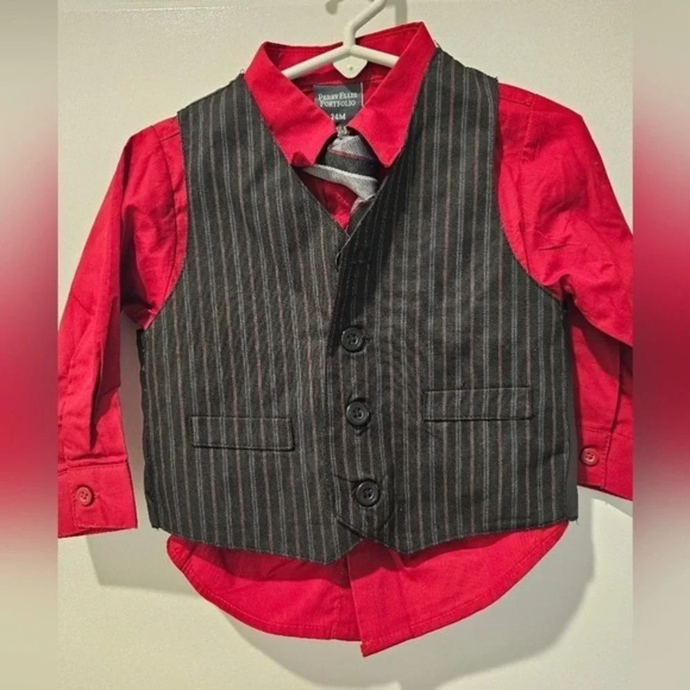 Boy's 24M Perry Ellis Portfolio‎ 4 Piece Red Shirt Black Vest Striped Tie Formal